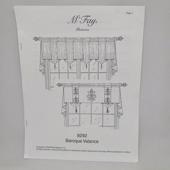M'Fay Patterns #9292 Baroque Valance Pattern-Window Treatment-2006-Uncut F/F - Picture 2 of 5